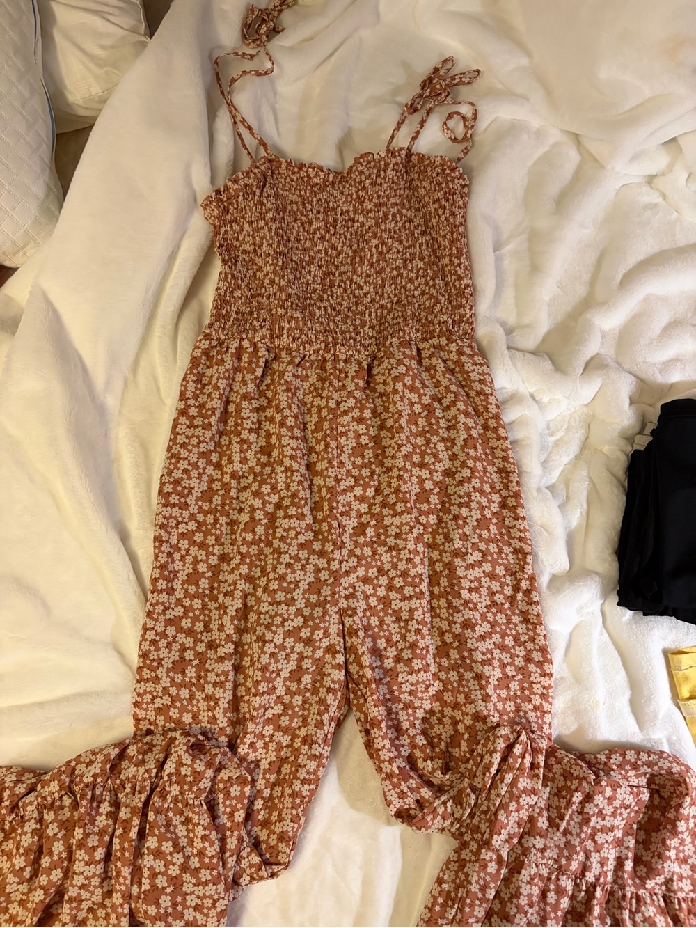 Women’s Floral Smocked Rust Jumpsuit with Ruffle Hem